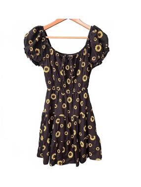 Hot Topic Sunflower Puff Sleeve Smocked Tiered Mini Dress Black Yellow Size S